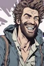 Placeholder: man with scruffy hair and stubble laughing absurdly at people panicking comic book style