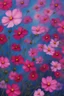 Placeholder: Many Cosmos flowers in blue and pink to be used on a business card as background, realistic beautiful, thick oil paint