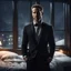 Placeholder: Hyper Realistic Muscular Ryan Reynolds looking handsome in a black tuxedo dressing in a dark-cozy-bedroom with huge-windows at dark-snowfall-night