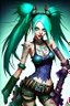 Placeholder: Jinx is a fictional character from the video game "League of Legends." She is typically depicted with long, blue hair and green eyes, and wears a stylish and revealing outfit that resembles a classic magicians' costume. Jinx is often armed with a variety of weapons such as swords, explosive devices, and sharp throwing stars which she uses to fight her enemies in battle. Her chaotic and unpredictable nature is reflected in her maniacal laughing and energetic movements.