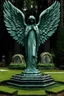 Placeholder: a mossy graveyard fountain statue of a weeping angel with perfect, symmetrical wings; Verdigris, in the combined styles of munk one, alex pardee, and James R. Eads, trending on DeviantArt, lowbrow, heavy metal t-shirt design, on a black cemetery background