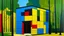 Placeholder: Architectural painting of a building with a De Stijl design, featuring a yellow cube with a window, a blue rectangle, and a red rectangle, all connected by a black structure with an opening, surrounded by green foliage and trees, painted with visible brushstrokes and a slightly textured surface.