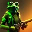 Placeholder: cyberpunk frog, holding a sniper rifle, green nightvision filter