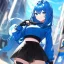 Placeholder: Clear focus,High resolution, Vibrant short blue hair, Vibrant blue eyes, Wearing a black short skirt,black crop top sleevelss,blue cut sleeves,black fingerless gloves, Smiling,Long bangs, Smiling, Holding a pistol