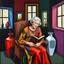 Placeholder: Deeply symbolic cubist scene: elderly woman in vibrant dress, book, stylized chair, abstract vases, windows, multiple perspectives, bold colors.