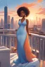 Placeholder: The scene opens onto a serene balcony overlooking a bustling city skyline. The sky above is painted in soft hues of blue and orange as the sun begins its descent, casting a warm glow over everything it touches. In the foreground stands a captivating figure, airbrush chibi cartoon curvy black woman exuding confidence and elegance. She is adorned in a flowing white knit maxi dress that hugs her curves in all the right places, accentuating her silhouette. Her choice of footwear is equally stunning