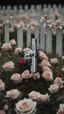 Placeholder: A grave in a field full of roses. Above the grave is a white lace scarf and a gun.cinematic