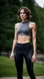 Placeholder: photography of a beautiful anorexic woman, grey satin triathlon top, brunette wavy bob haircut, pronounced sternum, flat chest, grey satin cycling leggins