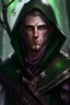 Placeholder: 35 year old male dark rogue wood elf, thief assassin, messy Mauve hair, sparkling green eyes, glowing brown skin, black hood, black leather, messy, disheveled, trees, sneaky, bow and arrows, tall, skinny, friendly, stoner