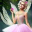 Placeholder: beautiful fairy with transparent wings, smiling, make up, long platinum blond hair with crown and flowers, pink dress