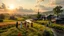 Placeholder: group of people are dancing in a national celebration in a village over high grassy hills,a small fall and river and wild flowers at river sides, trees houses ,next to Ripe wheat ready for harvest farm,windmill ,a few village local shops .people are dancing in a national celebration,cloudy sun set sky,a few village local shops