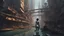 Placeholder: woman in a silver catsuit looking at a view of buildings made of reused dirty rusty metal next to a futuristic canal junction, cyberpunk, many painted colours, flying boats, balconies, bridges, people, shopping, eating, walking, fifth element, ghost in the shell, altered carbon, Ian McQue a masterpiece, 8k resolution, dark fantasy concept art, by Greg Rutkowski, dynamic lighting, hyperdetailed, intricately detailed, Splash screen art, trending on Artstation, deep color, Unreal Engine, volumetric