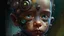 Placeholder: A close-up, portrait-style digital painting depicts a surreal, cyborg-like child's head and upper torso against a muted, textured background. The child's face is a disturbing blend of organic and mechanical elements. One eye is a large, intricate, mechanical prosthetic with a vibrant, multi-colored iris, while the other is a more natural, albeit scarred, human eye. Wires, tubes, and metallic components are embedded into the skin, particularly around the head and face, suggesting a fusion of fles