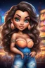 Placeholder: create an airbrush illustration of a chibi cartoon curvy polynesian female wearing Tight blue jeans and a peach off the shoulder blouse. Prominent make up with long lashes and hazel eyes. She is wearing brown feather earrings. Highly detailed long black shiny wavy hair that's flowing to the side. Background of a night club.
