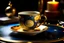 Placeholder: A universe swirling in a beautiful gold rimmed porcelain coffee cup, with planets, stars, steam, masterpiece, in sunshine