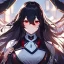 Placeholder: Clear focus,High resolution, black long fluffy hair, long fluffy bangs, red eyes, wearing a lab outfit, extreme close up, evil smile, front hair cover eyes