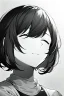 Placeholder: short hair girl, closed eyes, close-up, greyscale