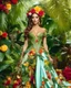 Placeholder: sweet pose pretty woman beauty make up cosmetic super model wearing a beautiful high details natural beuty color unique pattern autumn leaves gown queen costume,flowers crown all made of full elements varieties tropical fruits,full of green leaves and variaties roses,orchids flowers gardens tropical jungles background