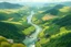 Placeholder: Create a lush, expansive landscape scene viewed from a high vantage point, inspired by the art style of Studio Ghibli. The image should feature a winding river cutting through rolling green hills and valleys, with patches of forest and farmland dotting the terrain. The river should have numerous rocks and boulders, some partially submerged, creating gentle rapids and adding texture to the water. The color palette should be vibrant and soft, with warm tones highlighting the earth and cool tones