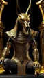 Placeholder: , golden ,Anubis, Egyptian god, angry, multiple textures, detailed clothing, hieroglyphs, contrasting light, sitting by an alien with the same custom