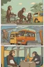 Placeholder: A monkey riding a bus, and a monkey using aa grill, a monkey going to work, and a monkey staying cool, in the art style of Pablo Picasso in a comic book format.