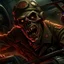 Placeholder: In the style of Heavy metal Magazine, close up of fantastical cursed Zombie World War I (WWI) flying ace with red glowing eyes in cockpit determinedly gripping the airplane yoke, Zombie Red Baron Dogfighter screaming, horror, intricately detailed, complex contrast, dynamic composition; cinematic lighting; meticulously composed concept art, masterpiece, cell-shaded, Zombiecore