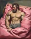 Placeholder: hairy muscle man sleeping in pink bag. 19th painting