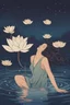 Placeholder: woman floating in water, front view, night time, lotus floating in water, freedom, bust up, sense of liberation
