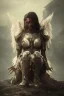 Placeholder: Fallen angel character crouching, yellow eyes, dark hair, dark armor, waist up portrait, Demonic tail, hyperrealistic, intricate details, insanely detailed, cityscape background, natural lighting, black wings