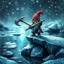 Placeholder: airbrush and pen outline, a glittering Deep Gnome (Svirfneblin) holding huge pickaxe balancing on frozen ice bridge over pond, goa psy ambient in the style of vangelis and fsol, source vibrations, bokeh like f/0.8, tilt-shift lens 8k, high detail, smooth render, down-light, unreal engine, prize winning