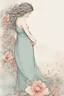 Placeholder: A digital painting, strong textures, dynamic ink lines, washed ink, nuanced colors, vignette, illustration of a pregnant woman lovingly looking at her belly while caressing it, wearing a flowy dress, flowers, whimsical, enchanting illustration