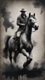 Placeholder: A man on horse in a Hyper Realistic Aerial Grungy Dark-Grey Brush strokes on a dark rustic background with charcoals