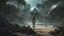 Placeholder: Wide-angle shot of a woman, standing on the right on an alien beach, with dark hair in a silver robotic catsuit, many floating aliens with long tentacles, alien jungle trees in the distance detailed matte painting, deep colour