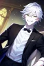 Placeholder: plauge doctor in balck leather coat and suit with silver hair, pale skin and bright green eyes smiling with sharp teeth, nice young face, male, viscious smile, face close look