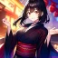 Placeholder: Girl, black hair, red eyes, smiling, kimono, extremely detailed