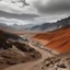 Placeholder: A rugged and rocky valley lies in a landscape of grey stone and red sand. Large snow-capped mountains loom in the background. The sky is tinted orange, and thin clouds streak the sky like they're being driven by a strong wind.