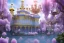 Placeholder: a magical crystal flower magnolias wisteria blue gold house russian palace castle in the woods, magnolias pink,blue lake,sun,white swanns,pink vertical, blue lake,sharp, vines, candlelit, endor, ornate, elegant, highly detailed, artstation, concept art, smooth, sharp focus, illustration, 8k, splash art, wallpaper, key visual