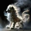 Placeholder: foo dog with curly white fur, smokey breath and fire, a long tail, moving forward towards viewer, wrapped in smoke