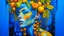 Placeholder: blue background, Punk Woman 49 years old, hair made of Fruits, Grapes, tangerines, gold, gouache, watercolor, acrylic, paint drips, branches, fine drawing, golden makeup, bees, tattoo, alien, bright colors, fine drawing, double exposure , high detail, high resolution, 8K, 3D, bees,