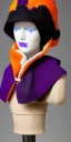 Placeholder: Caucasian white woman black hair. average body type. Mantle is sewed of recycled Denim and sewed together of camouflage pieces. Patterns are composed of orange, cream, blue, lilac and purple. blue latex gaiters. It is with big bright purple felt tippet and cream-colored-hood. mantle is merged with tippet. Big AKG-style headphones (gold rings!) is merged with small felt cap with small visor. Style: Haute Couture, 1920's, Paris fashion, late nineties, street art.