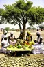 Placeholder: Sudan, destroyed city, women serving tea under tree