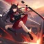 Placeholder: Clear focus,High resolution, Black long hair, Red eyes, Red horns, Wearing a black and red sailor uniform, Swinging a baseball bat, Looking away from the viewer, Full body, Kicking