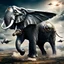 Placeholder: Lucky Stryker, Jet-fighter elephant combination, biomechanical surrealism, organic surrealism, dystopian, photorealisitic, in flight