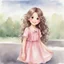 Placeholder: watercolor, full body, cute smile girl, curly hair, big eyes, long brown hair, pink dress, pink shoes, white backgrownd