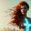 Placeholder: A beautiful portrait of a cyberpunk woman with lot's of grain on her skin red head with natural curly hair flying in the wind cyborg smiling facing camera orange color scheme, high key lighting, volumetric light high details with white stripes and feathers unreal 5, octane render, cinema4d, dynamic lighting, dramatic lighting, 4k, redshift render, highly detailed, hyper realistic