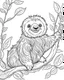 Placeholder: create a 2d black outline, "safari smiling cartoon sloth on a branch coloring book for kids", coloring page, low details design, black contour, coloring page design, simple background, colorful , card style, coloring page for kids, white background, sketch style, safari landscape, cartoon style