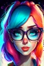 Placeholder: A very beautiful and attractive cartoon girl with colorful hair and a symmetrical face who wears glasses with a luminous face