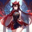 Placeholder: Clear focus,High resolution, Black long hair, Red eyes, Red horns, Wearing a Genshin Impact inspired outfit with black and red as the main color,Outfit includes a short skirt, Looking away from the viewer