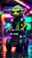 Placeholder: portrait of lizardman ghost Hairy Gremlin myth buster pimp ninja yoga cyber punk in flying hipster lawn tractor parked in dark neon lit reflective wet arcade hall tunnel,bokeh like f/0.8, tilt-shift lens 8k, high detail, smooth render, down-light, unreal engine, prize winning