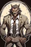 Placeholder: Buff, anthro, wolf, himbo, black fur, gold eyes, wearing a suit, full-body, muscles, strong, muscular, man boobs, bulky, tail, dark fur, smug grin, hands on hips,